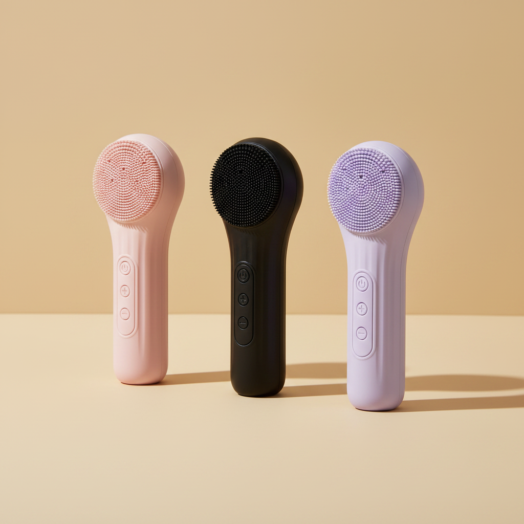 Brosse nettoyante sonique Caresia tenue contre la joue, tête en silicone au contact de la peau